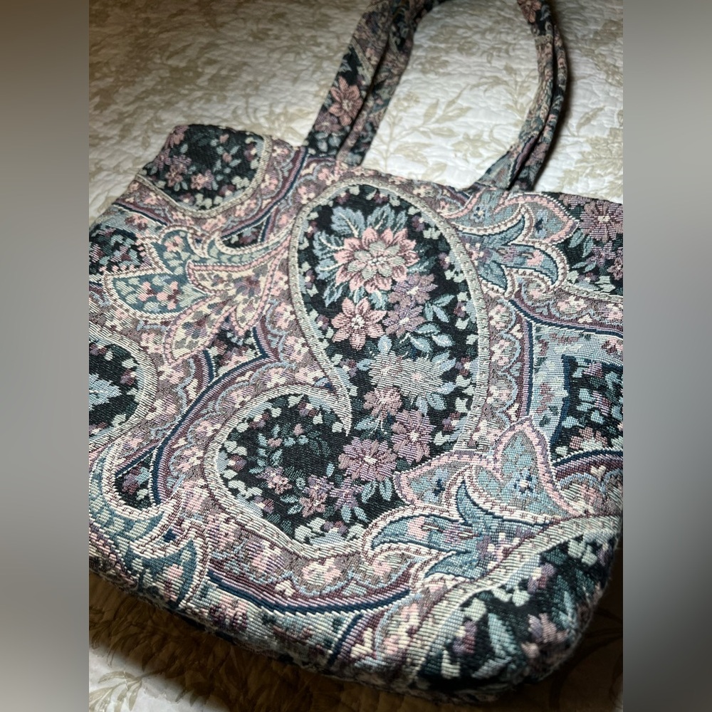 Vintage 90s Floral Tapestry Carpet Tote Bag Handbag Cottagecore Grannycore - Picture 11 of 13